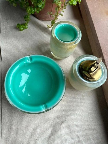 Vintage Alfredo Barbini Murano Opaline turquoise & gold smoking set, Rare. Italy
