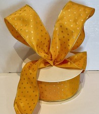 Vintage French Wired Ribbon Orange Tiny Gold Dots Width 1-1/2 5 Yds