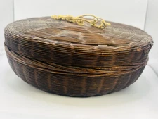 Antique Woven Chinese Handmade Folk Art Wicker Sewing Basket w/ Lid 8” X 2”