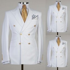 White Men's Suits Peak Lapel Double Breasted Wedding Groom Tuxedos Two Pieces