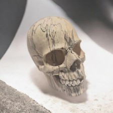 ChiselCraft Hand Carved  10cm Wooden Skull With Cow Bone Teeth Movable Jaw B