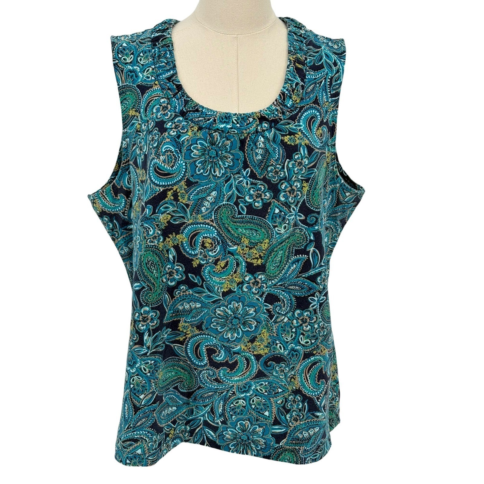 Croft & Barrow Tank Top Teal Paisley Ruffle Neck Stretch XL