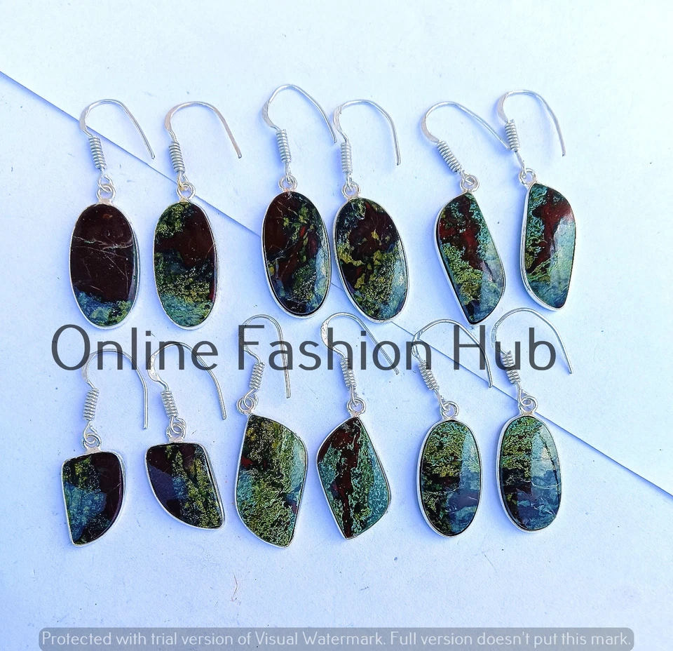 Lote a granel de 100 pares de pendientes de jaspe de árbol verde enchapado en plata de ley 925 Foto 3 de 4