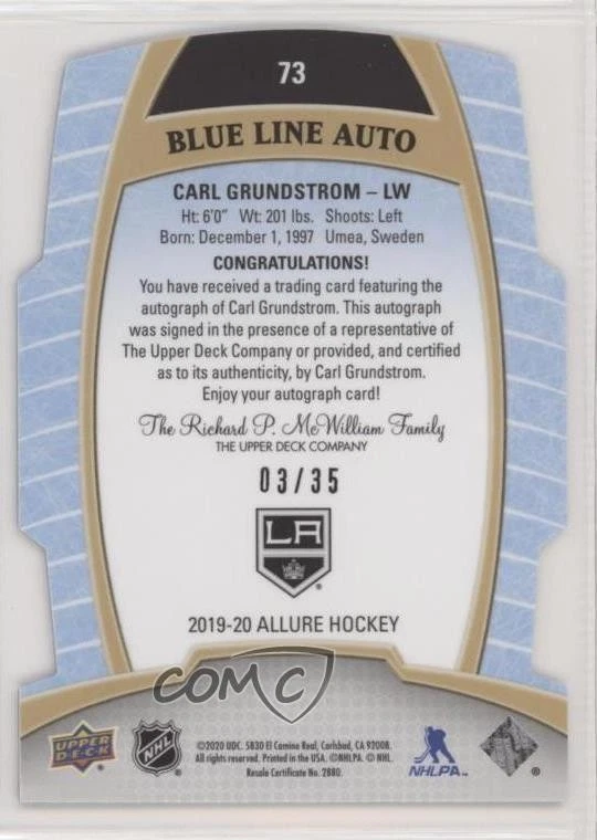 2019 Upper Deck Allure Rookies Blue Line /35 Carl Grundstrom #73 Rookie Auto RC - Image 2 of 2