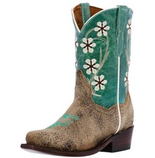 Kids Cowboy Boots Teal Flowers Leather Ranch Snip Toe Rodeo Wear Youth Size 1, 2