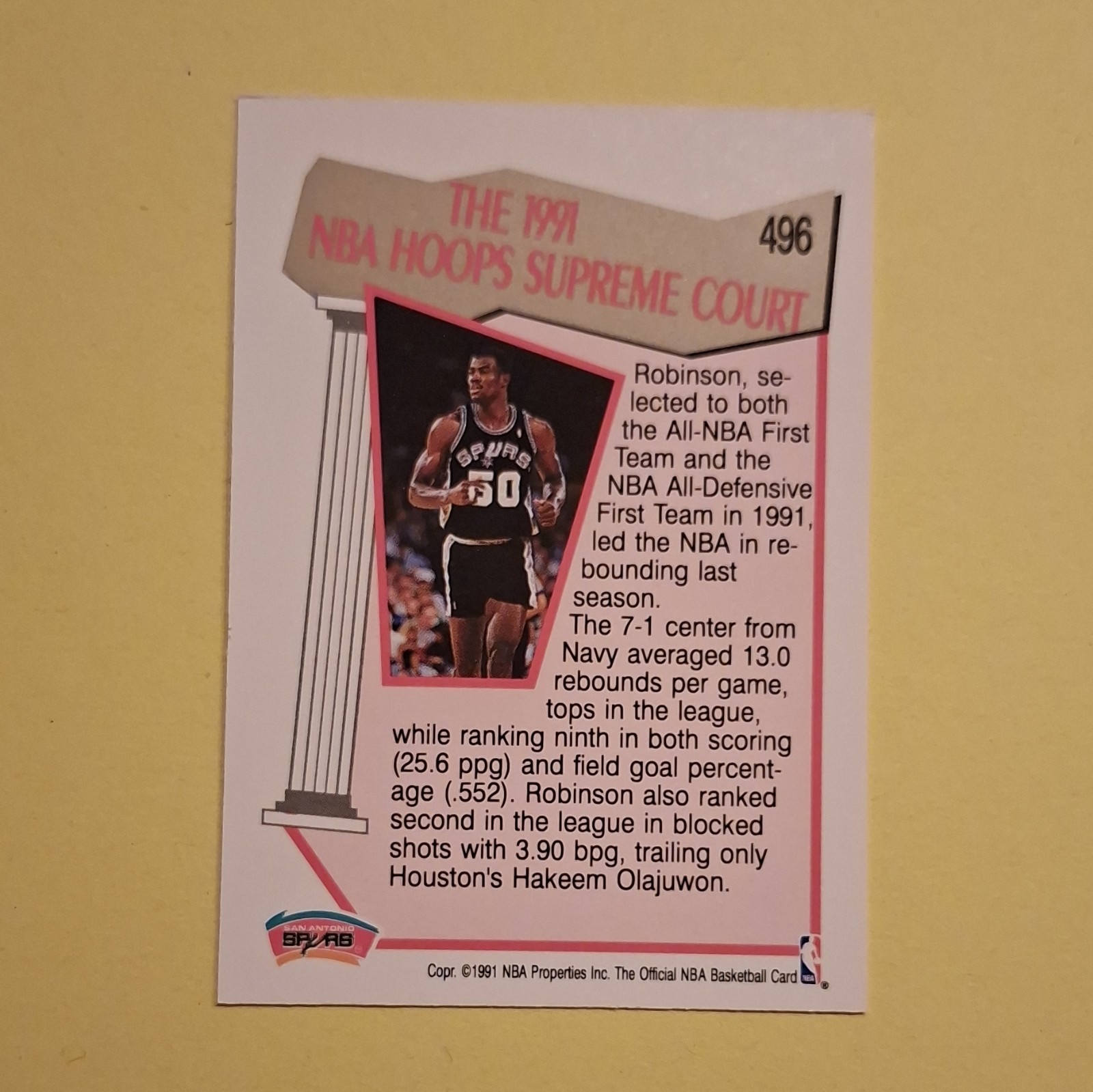 NBA Properties NBA Hoops 1991-92 Supreme Court - David Robinson #496 Spurs 2