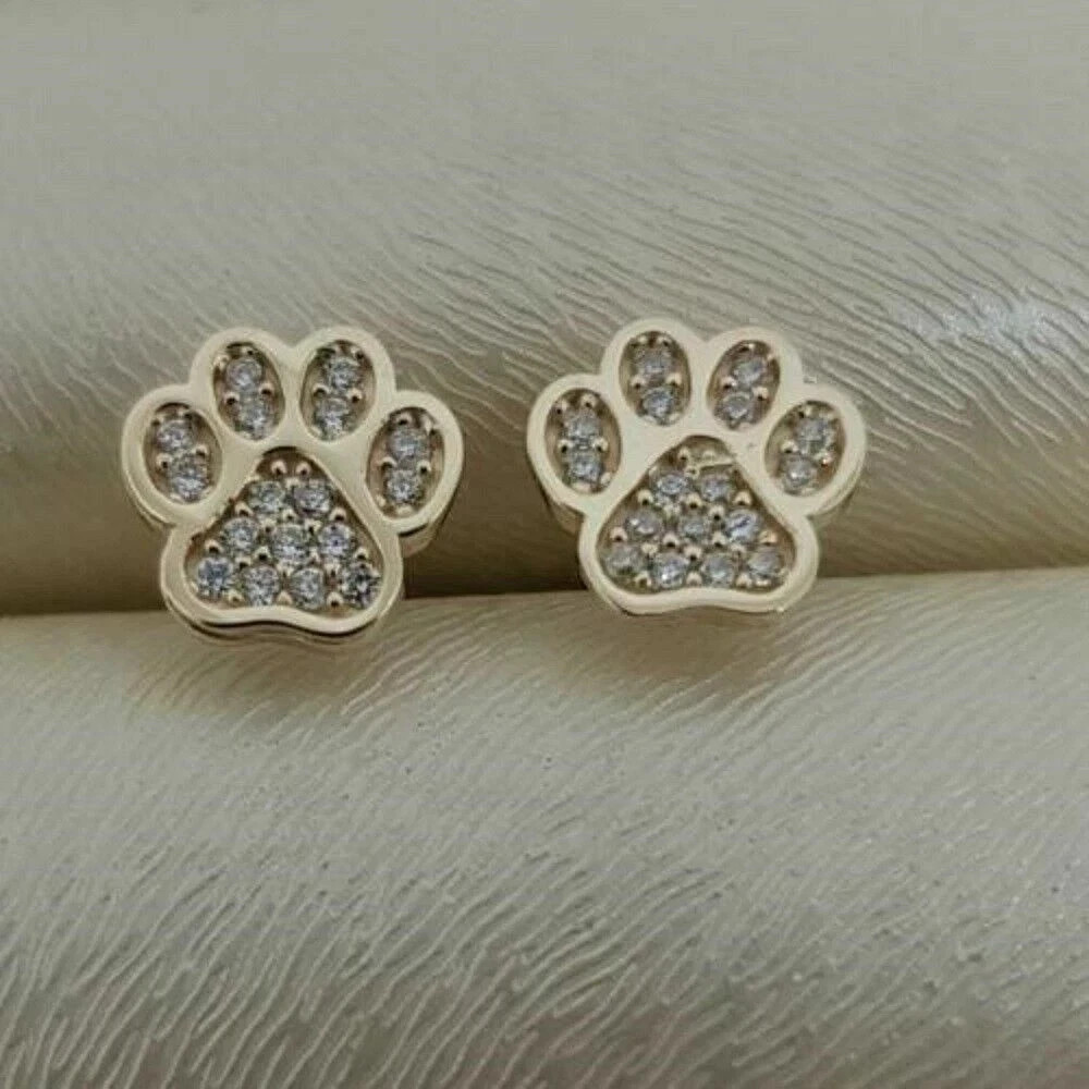0.20CT Lab Created Diamond Dog Paw Stud Earrings 14K Yellow Gold Plated Silver