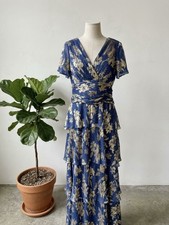 SLNY Blue And Gold Floral Wrap Dress Size 16