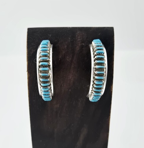 Vintage Zuni Turquoise Needlepoint Sterling Silver Half Hoop Earrings - 4.5g
