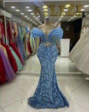 Blue Off Shoulder Long Mermaid Evening Dresses Silver Crystals Night Party Gowns