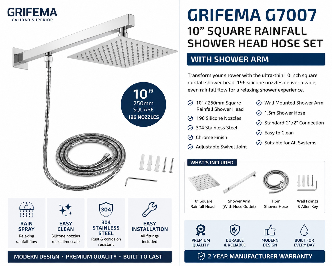 GRIFEMA G7007 10"" Square Rainfall Shower Head Hose Set Chrome Shower Arm