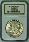 1921 MORGAN SILVER DOLLAR S$1 COIN. NGC GRADED: MS 64. CERT: 117785-033. DAMAGE.