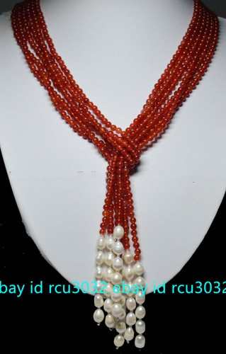 3 Strands Natural 4mm Red Jade Round Gems White Freshwater Pearl Necklace 50" - Picture 4 of 12