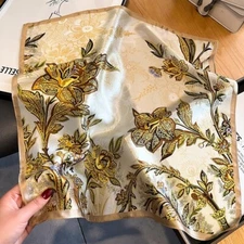 100% Mulberry Silk Square Scarf Women Neckerchief Wrap Biege Gold Flower 53*53cm
