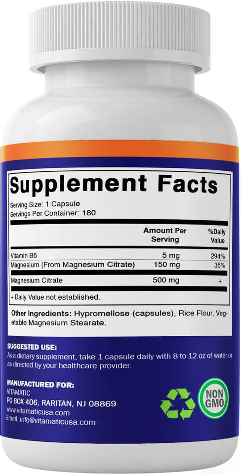 Vitamatic Citrato de Magnesio 500mg por Porción - 180 Cápsulas Vegetarianas (Proporcionar Foto 3 de 4