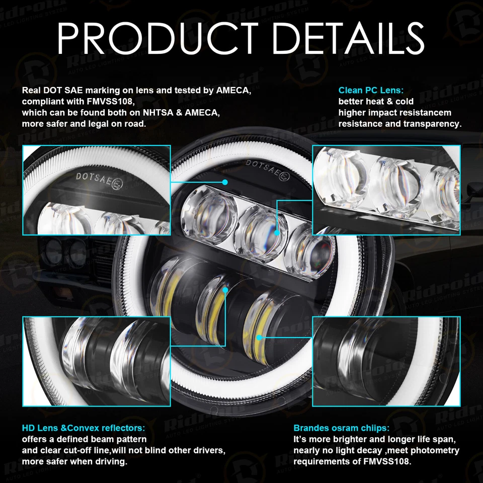 4pcs 5 3/4" 5.75" LED Headlights Halo HI/LO for Pontiac GTO Grand Prix Firebird - Image 4 of 4