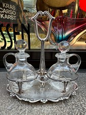 VECCHIO SET DA TAVOLA olio aceto argento vetro oliera