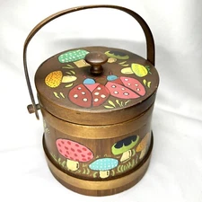 Vintage Wood Firkin Sugar Bucket Hinge Lid Mirror Hand Painted Mushroom Ladybug