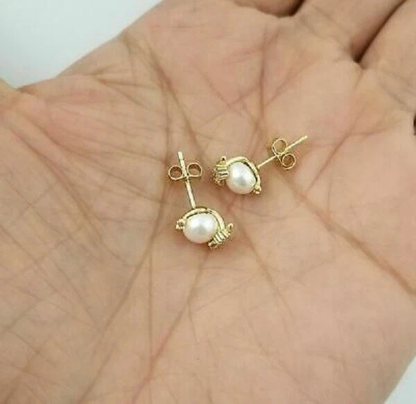 Hermoso pendiente de perla natural de 1 quilate corte redondo búho 🦉 enchapado en oro amarillo de 14K Foto 2 de 4