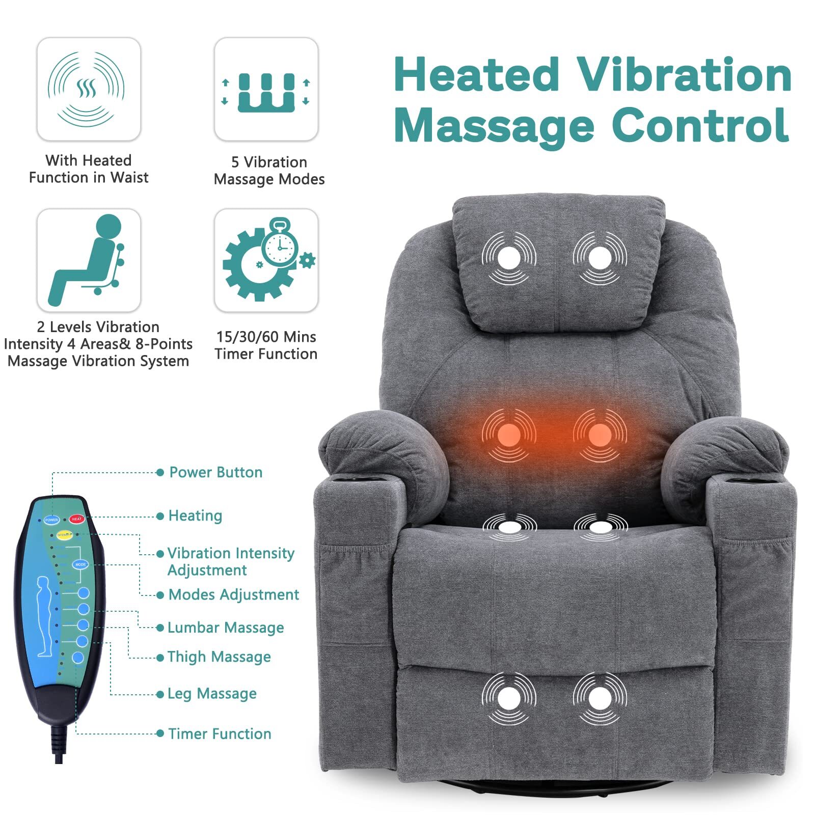 Massage Recliner Chair Swivel Rocker Glider Heated Rocking Recliner W/ USB Ports