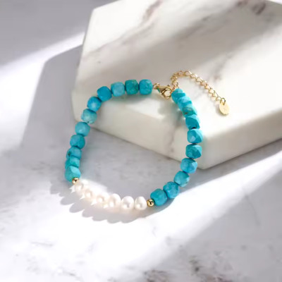 14k Gold on Silver Freshwater Pearl Turquoise Beaded Adjustable Bracelet