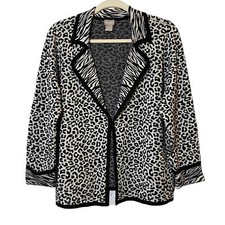 Chico's Women Black White Open Front Cheetah Print Cardigan Sweater Size 2
