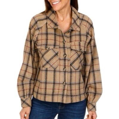 With Love YMI Tan Brown Shirt Warm Plaid Long Sleeve Button Down Pockets S NWT