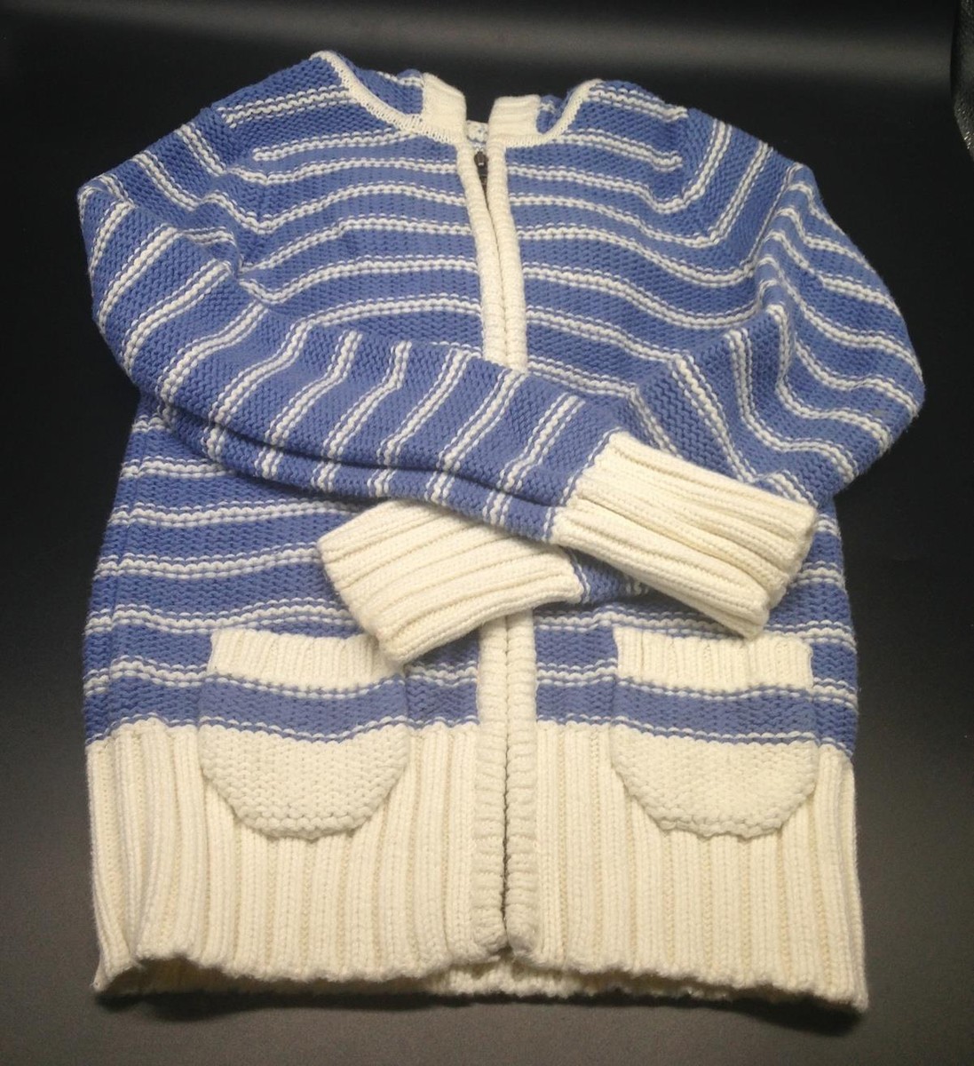Girls Old Navy Blue and Cream Striped Hooded Zippered Cardigan Sweater M  10-12
