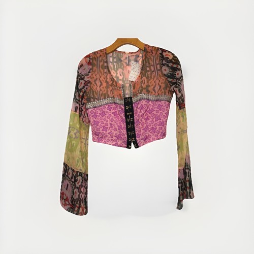 Free People Madras Crop Top Womens Small Kantha Floral Boho Corset Long Sleeve