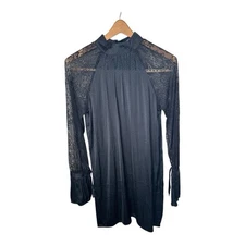 Michael Stars Black Satin Dot Print Lace Sleeve Dress Size Medium Whimsigoth