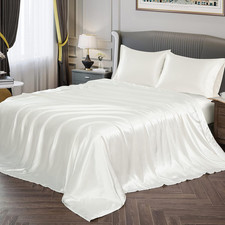 Satin Sheets Queen Size Silky Soft Satin Bed Sheets Ivory White Sheet Set, 1 Dee