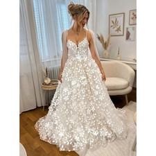 Romantic A-Line Wedding Dresses Sleeveless 3D Floral Lace Boho Bridal Gowns