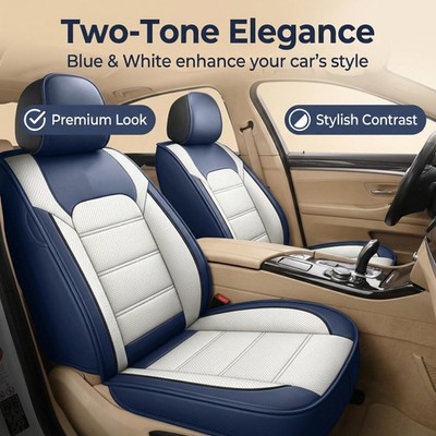 Two-Tone Blue White Leather 5 Seat Car Seat Covers Universal Full Protect
