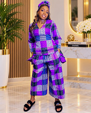 Purple Majesty Kente Inspired Ankara Top Wide Leg Pants set w/ Headwrap. M, L