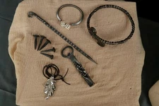 7pc Hand-Forged Medieval Accessory Set Railroad Spike Opener/Bracelet/Dice &nail