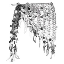 Belly Dance Hip Scarf Sequin Mesh Triangle Wrap Skirts Silver Tone