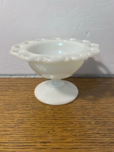 Vtg Anchor Hocking Old Colony Milk Glass Pedestal Bowl Open Lace Edge Compote