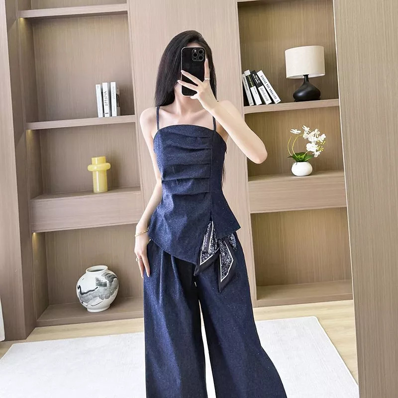 Conjunto De Mujer De Verano 2 Piezas Top Draped Y Pantalones Azul Marino CF52583