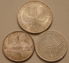 1972-J SILVER 10 Marks; 1971-G & 1973-J SILVER 5 Marks of Germany original BU