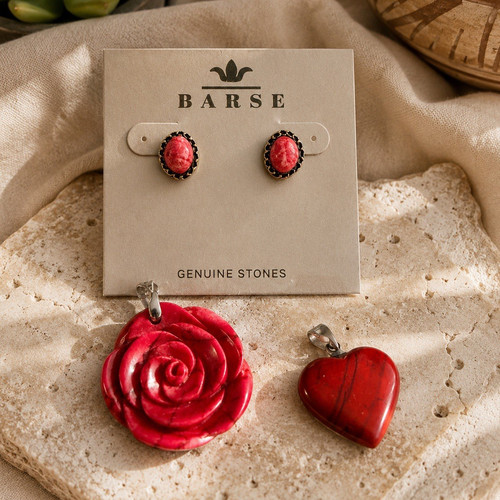 Barse Genuine Coral Earrings + Howlite Rose & Red Jasper Heart Pendant Lot
