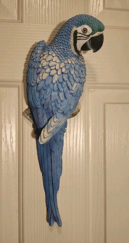 Blue 15"T Parrot Bird On Perch Wall Sculpture Figurine Resin Indoor Decor Faded