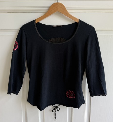 Vintage Easton Pearson Cotton Black Top Blouse Geometric Red Sequin Motif Sz 10