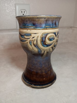 Handmade Studio Pottery Goblet Chalice With Beautiful Glaze Signed Swirl Purple