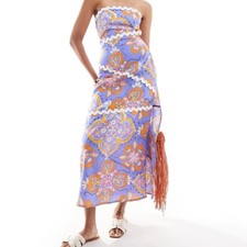 Asos Strapless Dress tile printed rikrak womens Purple size 14 party resortwear