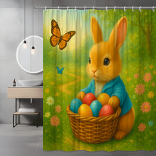 Adorable Bunny Shower Curtain with Colorful Easter Eggs and Butterflies