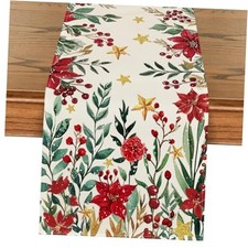 Poinsettia Holly Leaves Christmas Table Runner, 13" x 36", Table Runner Red