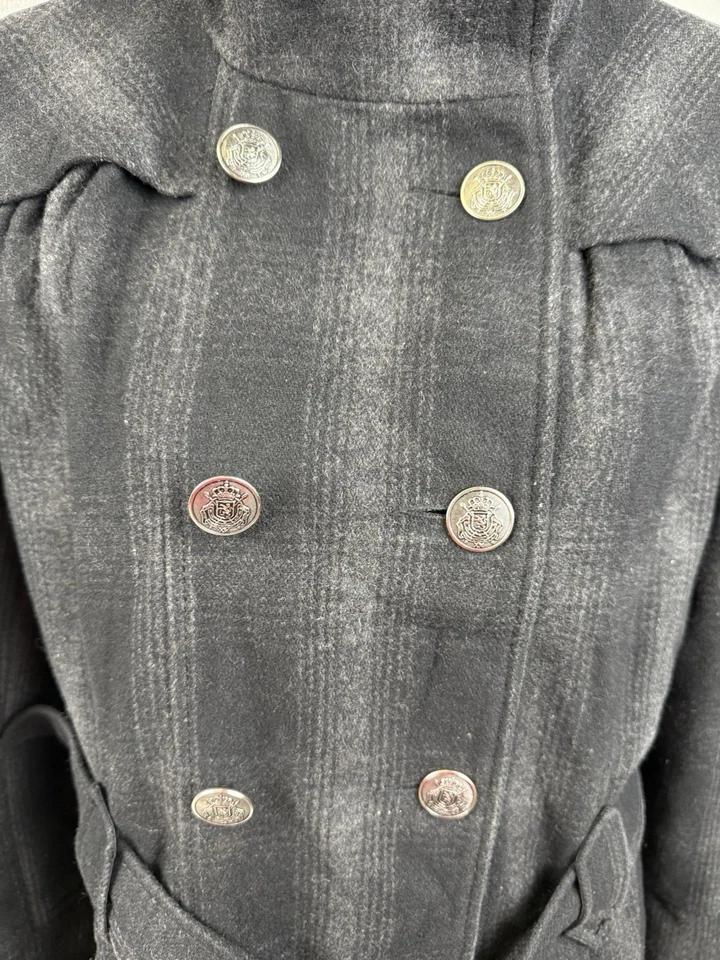 Abrigo De Colección Y2K Negro Remache Mezcla Lana Mujer L Doble Pecho Cinturón Negro Gris Pla Foto 4 de 4