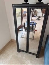 MIRRORED CABINET WITH FAUX LEATHER TRIM DOUBLE DOORS