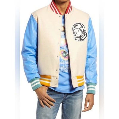 Billionaire Boys Club Cream Wool Varsity Jacket with Blue Leather Sleeves XL