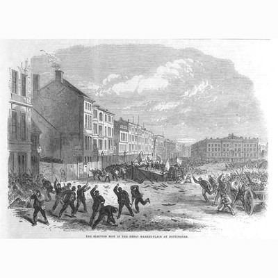 NOTTINGHAM Election Riot in the Market Place - Antique Print 1865